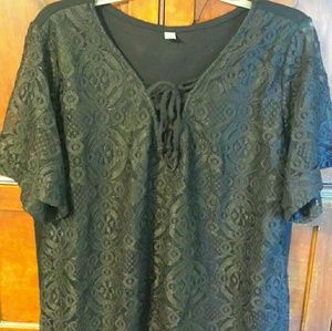 Black lace front tie blouse